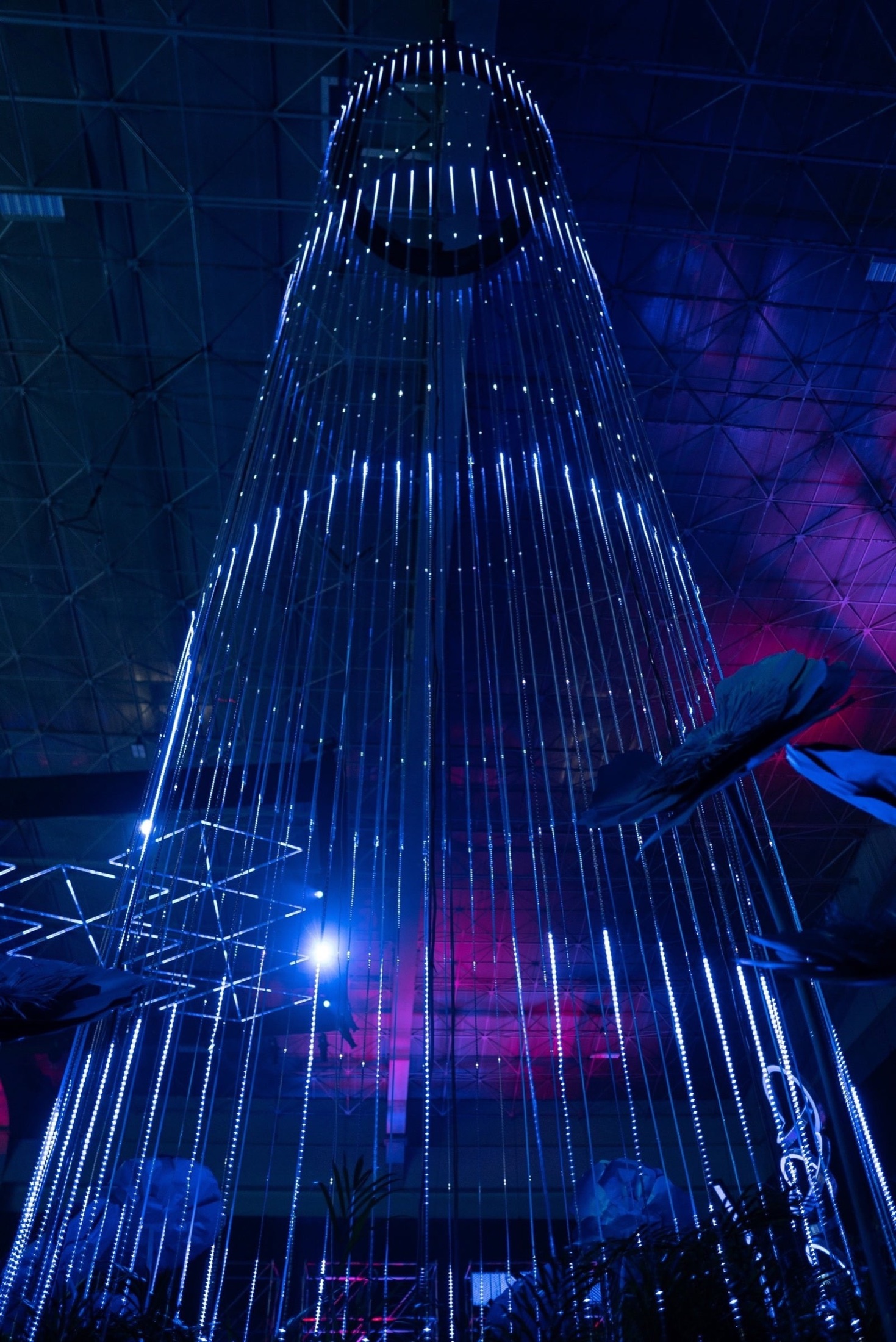 Blue fiber optic chandelier