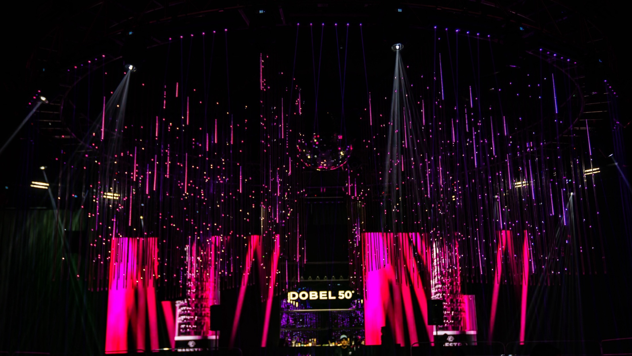 Magenta vertical light columns